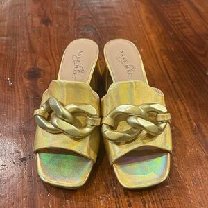 Naked Feet Iridescent Gold Slide Sandals with Chain Accent